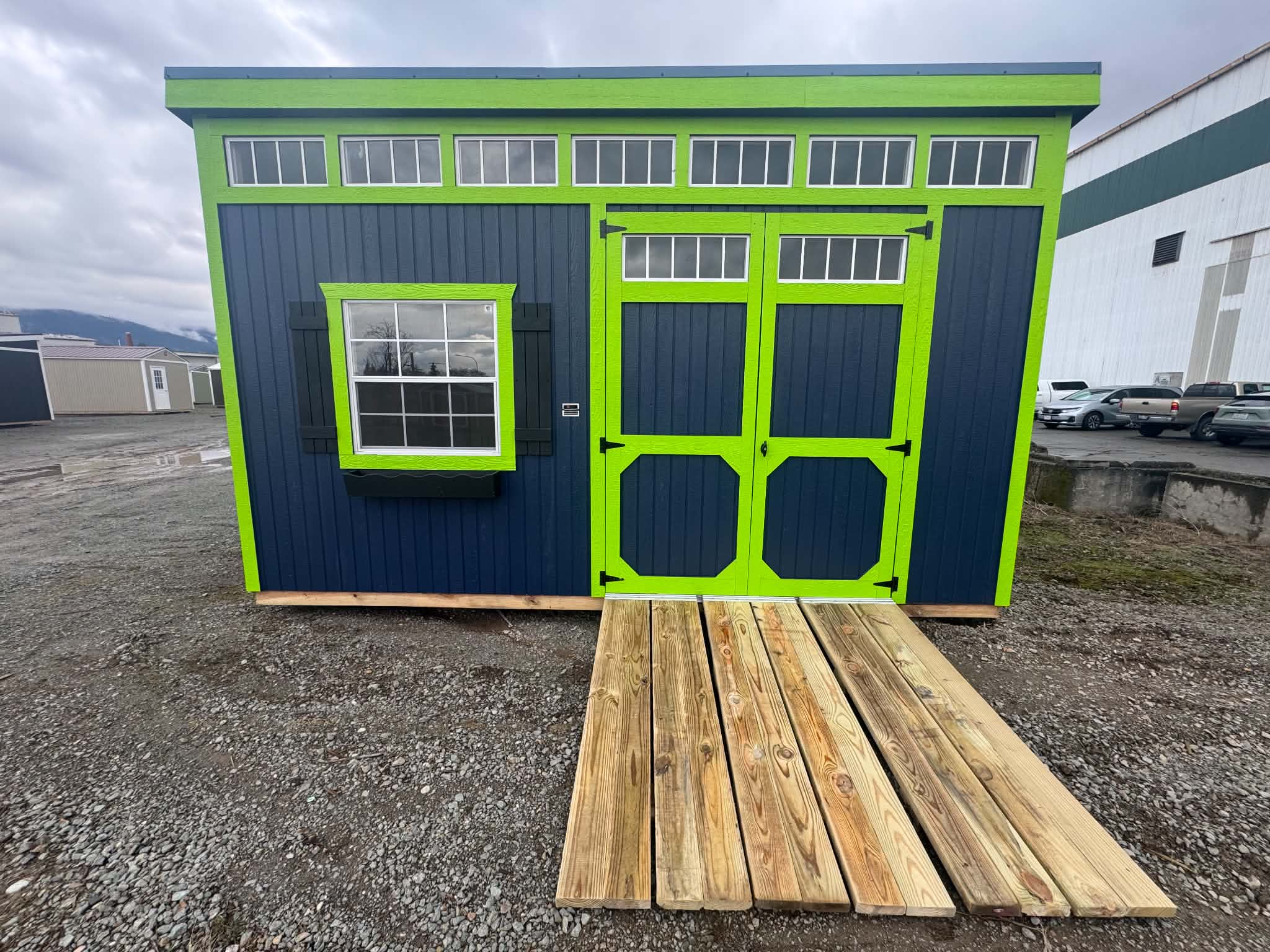 Graceland Portable Buildings wide-span garage on display at a Sheds Plus dealer lot in Snohomish County, WA