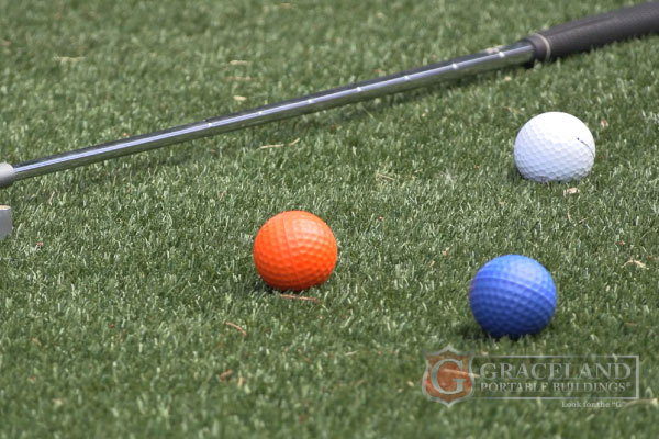 Putting green for the $100-off putting challenge at the Sheds Plus Lynnwood, WA shed lot